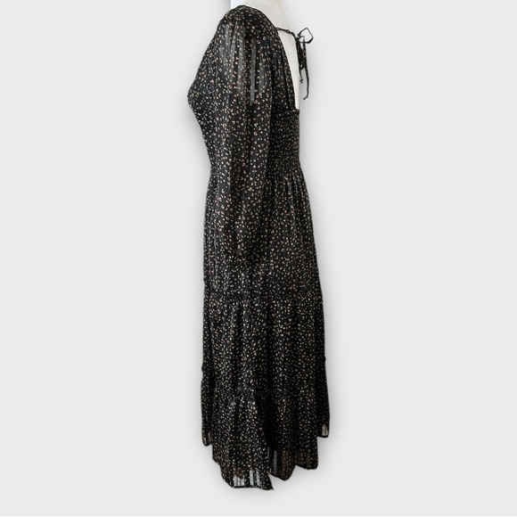 Japna Size Small Black Metallic Print Bohemian Peasant Tiered Midi Sheer Dress - Picture 4 of 11